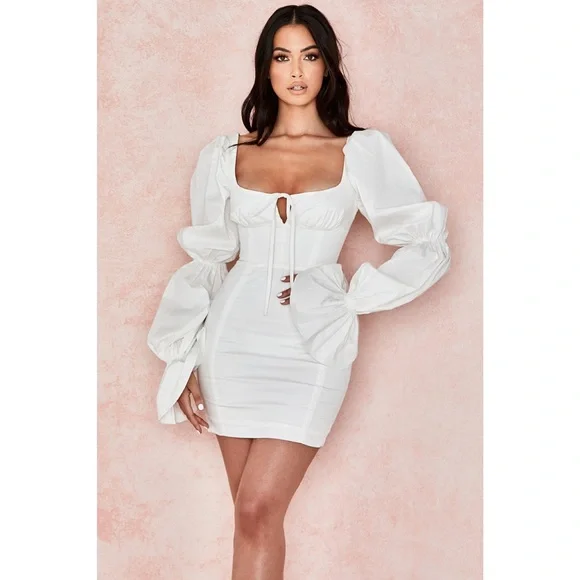 House of CB | Elsie White Puff Sleeve Corset Mini Dress ~ Medium - Picture 3 of 11